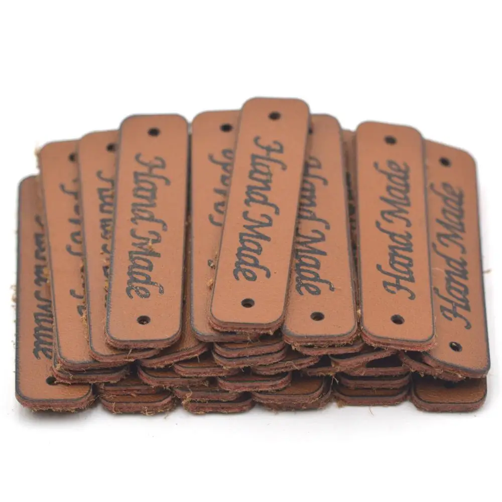 KALASO 20pcs Brown Hand made Labels Clothes Garment Leather Labels Hand Made Tags Caps Bags Shoes Gift Sewing DIY Supplies