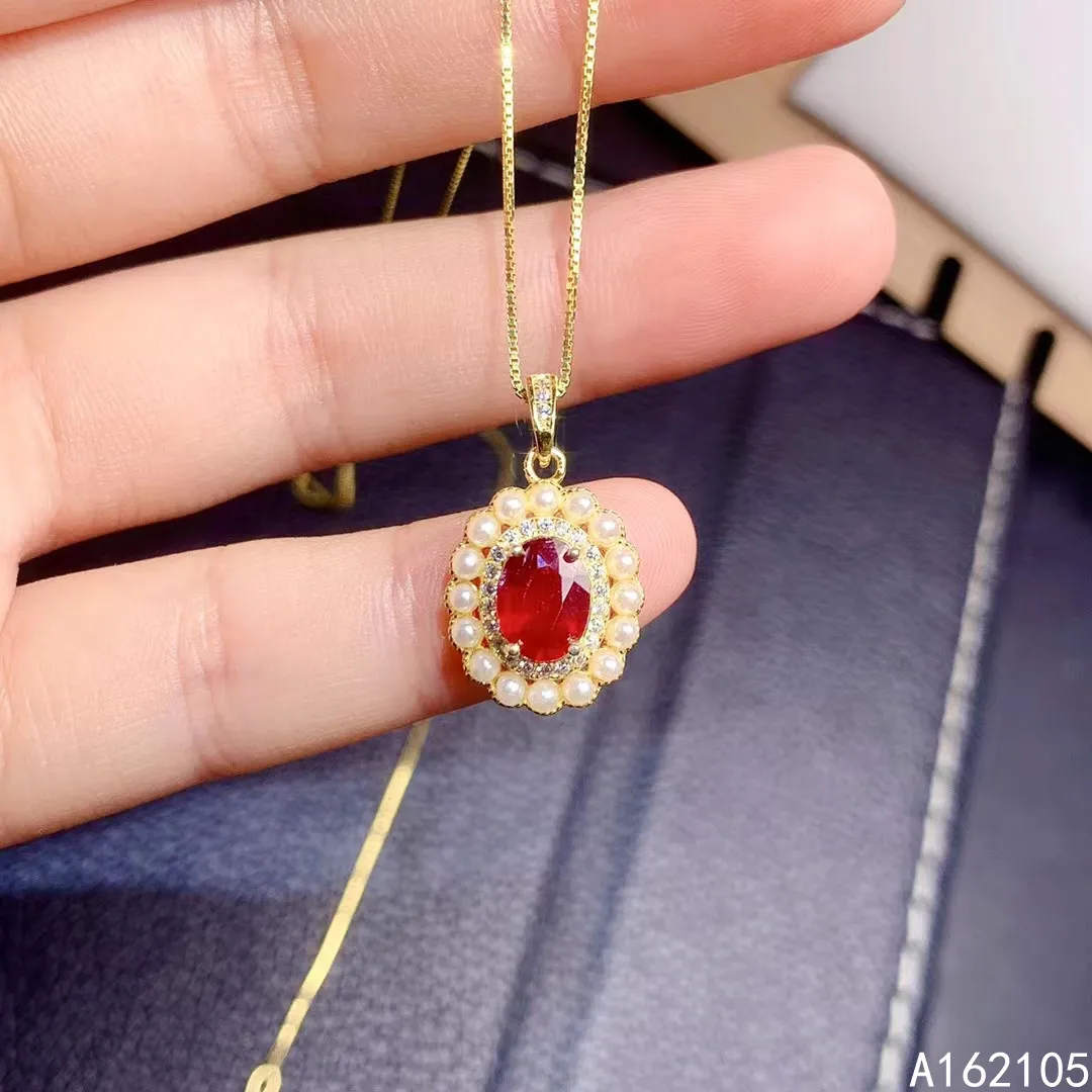 

Fine jewelry 925 pure silver inlaid natural ruby girl luxury fashion oval pearl Chinese style gem pendant necklace support detec