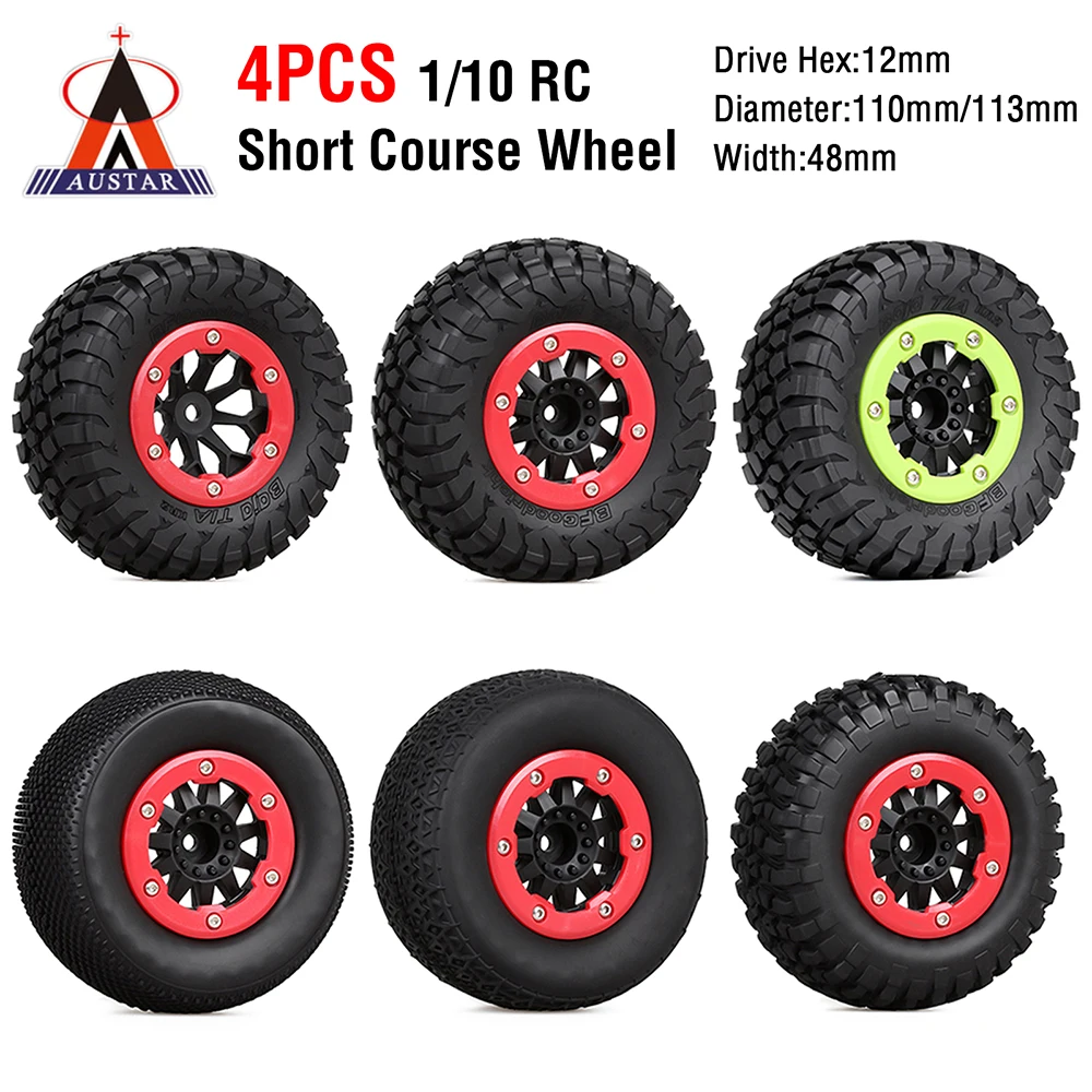 110mm RC Car Beadlock Rubber Tires Wheel Rim Set for 1/10 Short Course Truck ARRMA SENTON 550 MEGA XLH 9125 Traxxas Slash