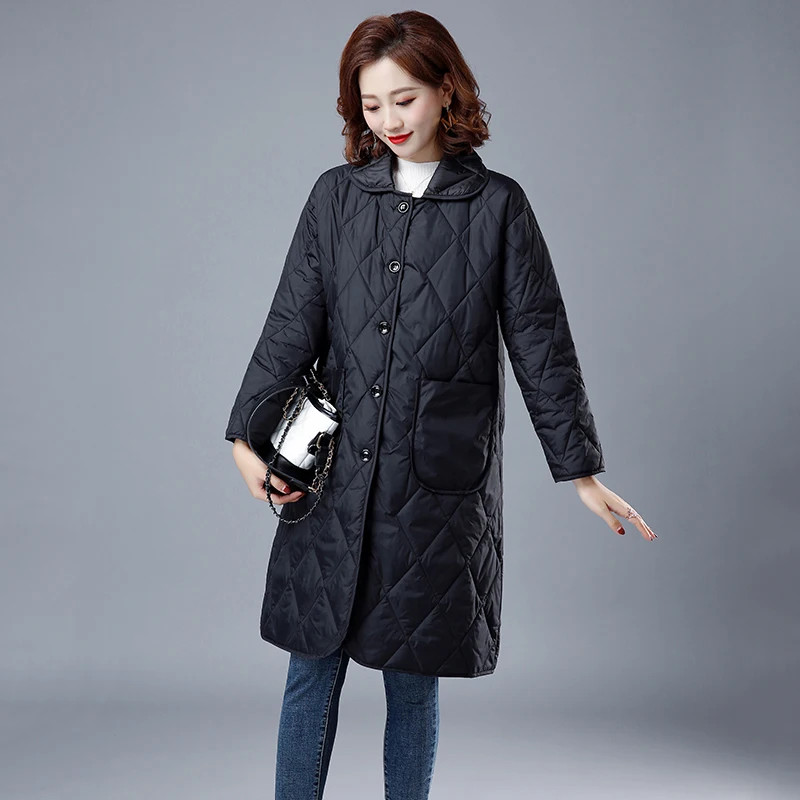 Abrigo largo de otoño e invierno para mujer, Parkas acolchadas, prendas de vestir exteriores ligeras de gran tamaño, color negro, novedad de 2023