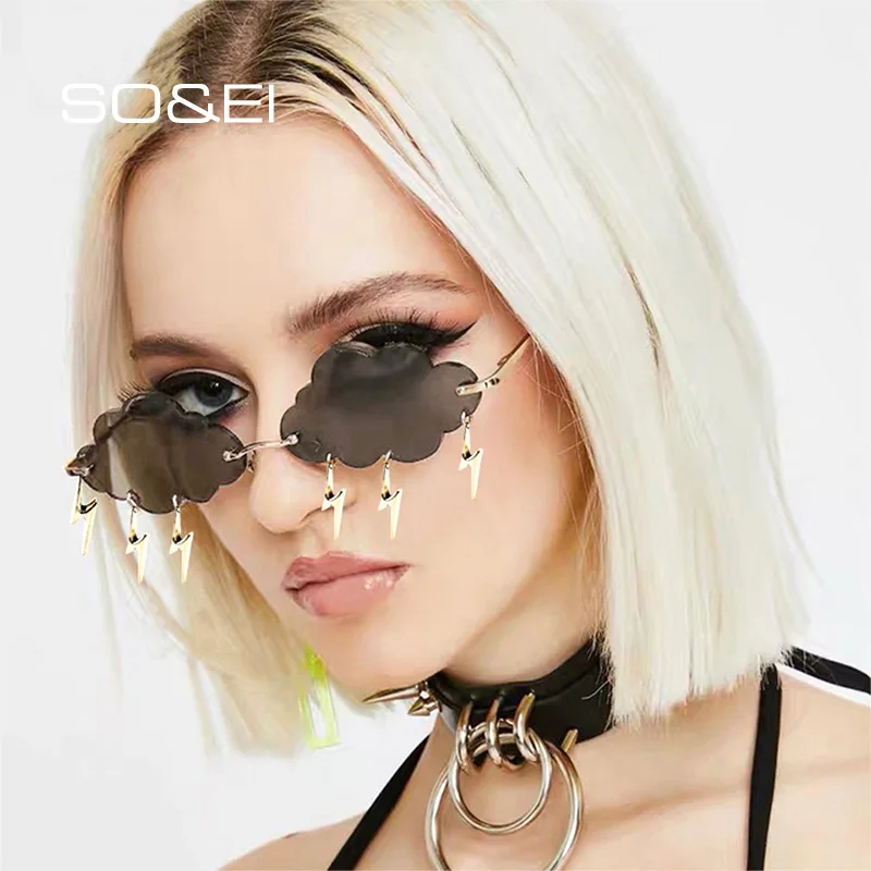 

SO&EI Fashion Unique Rimless Cloud Shape Lightning Pendant Women Sunglasses Clear Ocean Lens Eyewear Ladies Trending Sun Glasses