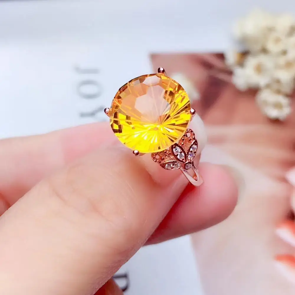 fireworks flashing yellow citrine gemstone ring with silver for women jewelry good cut birthday anniversary  party gift hot