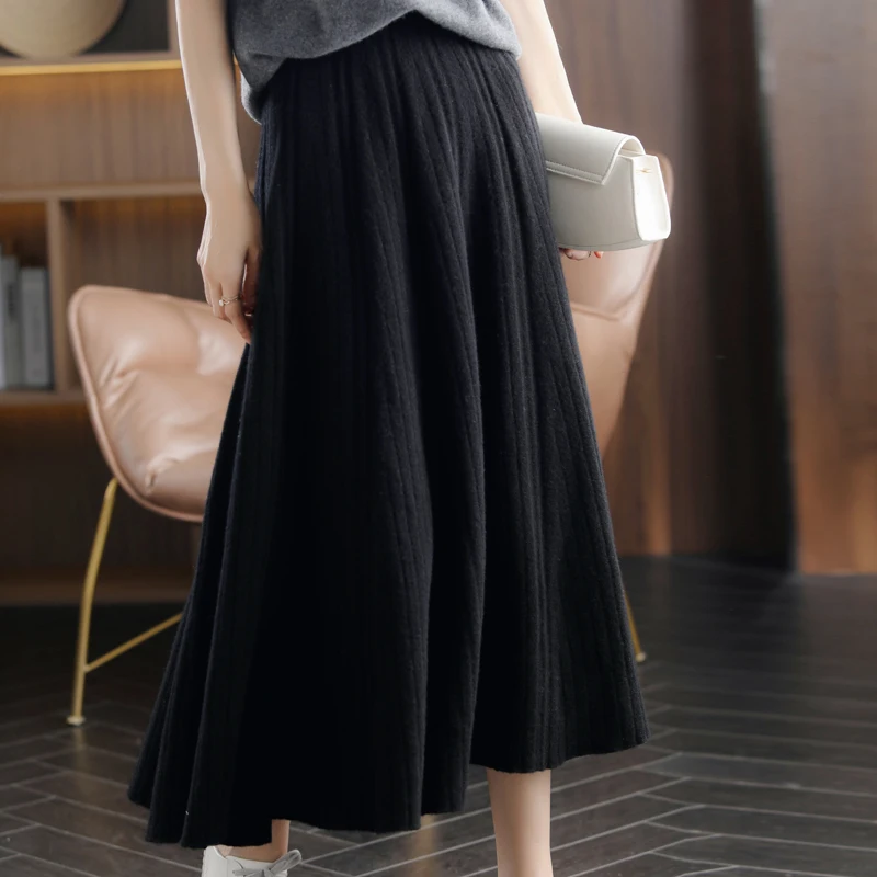 2024New Pure Cashmere A-Line Skirt Women Autumn Knit Pleated Long Skirt 100%Wool Large Size High Waist Korean Bag Hip Base Skirt