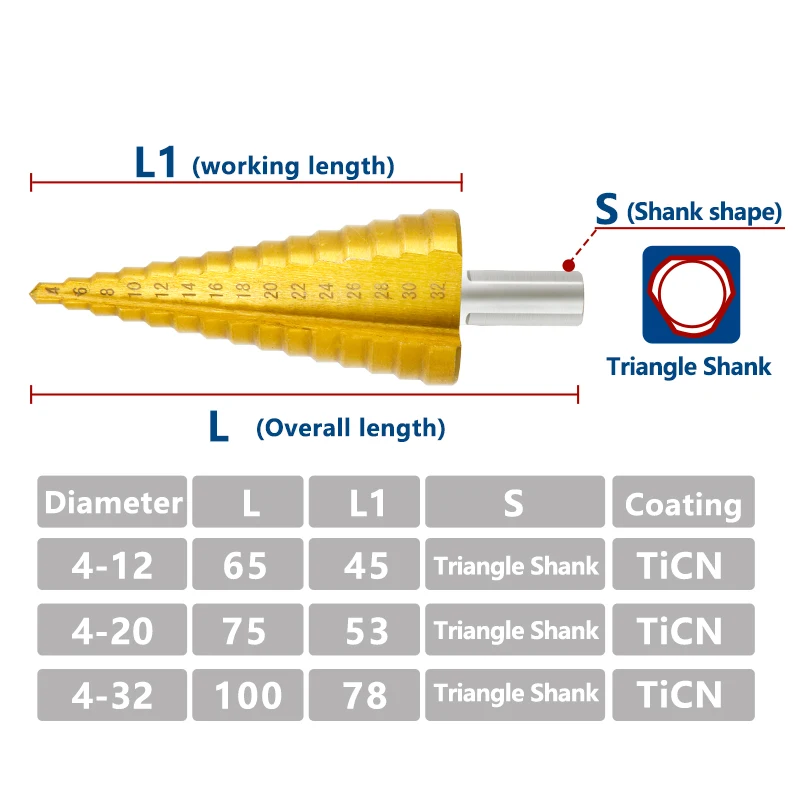 XCAN HSS Step Cone Drill Bit Set 3pcs 4-12/4-20/4-32mm Titanium Coated Wood Metal Drilling Tool Hole Cutter Core Drill Bit