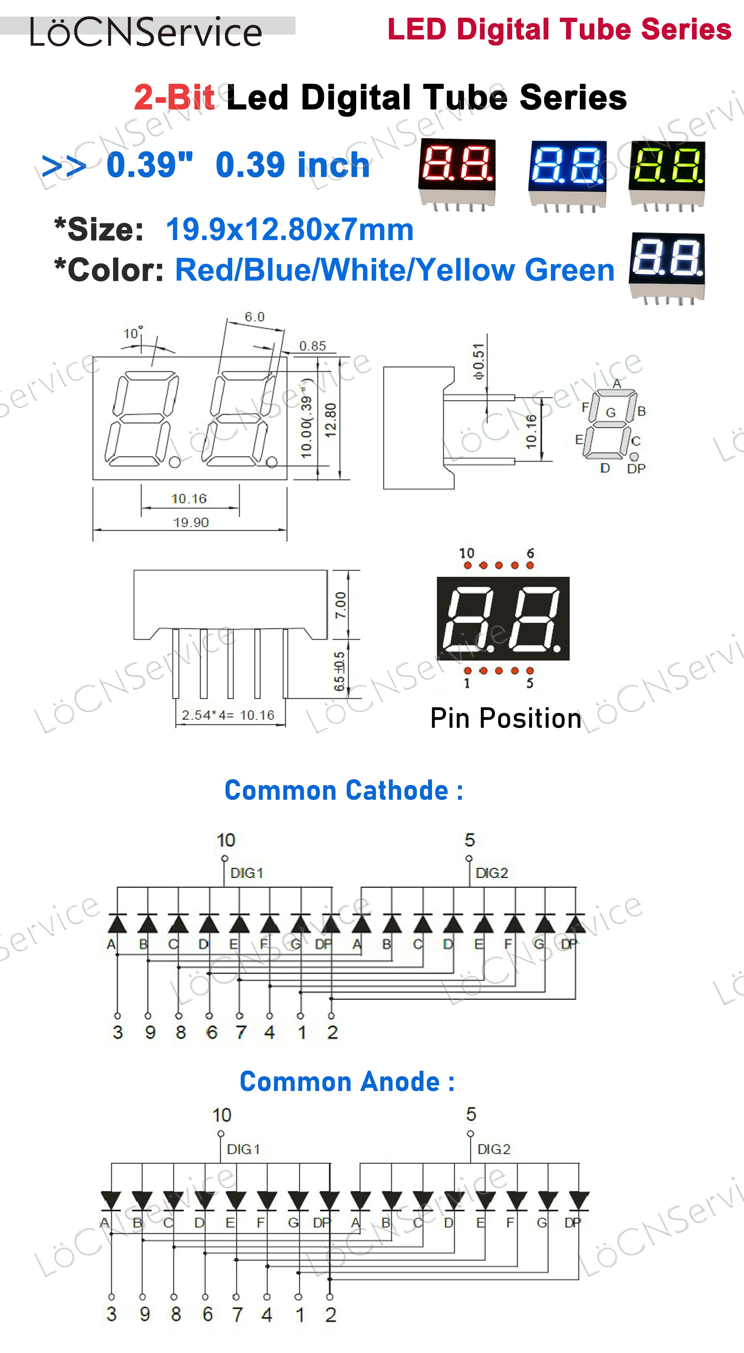 0,39 дюймовый телефон, цифровой дисплей, 2 бит, красный, синий, белый, желтый, зеленый, яркий дисплей часов, 50 шт., LoCN