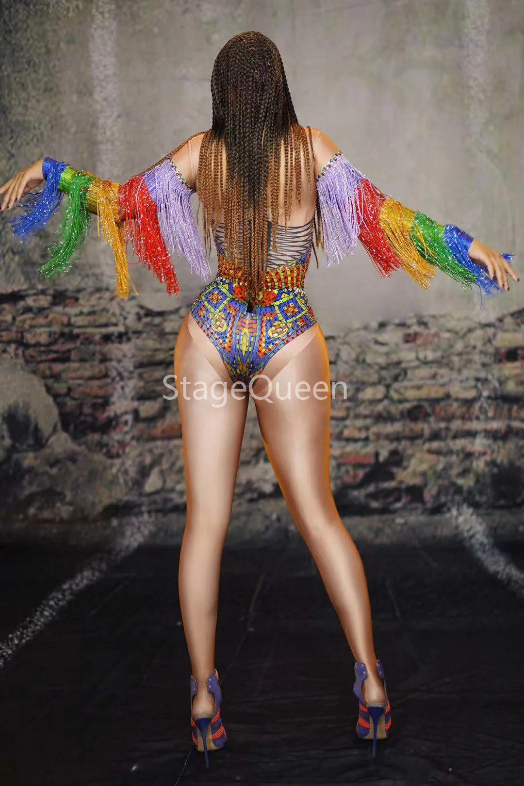 Colorful Rhinestones Fringes Leotard Costume Women's Birthday Prom Celebrate Outfit Bar Evening Women Dancer Bodysuit