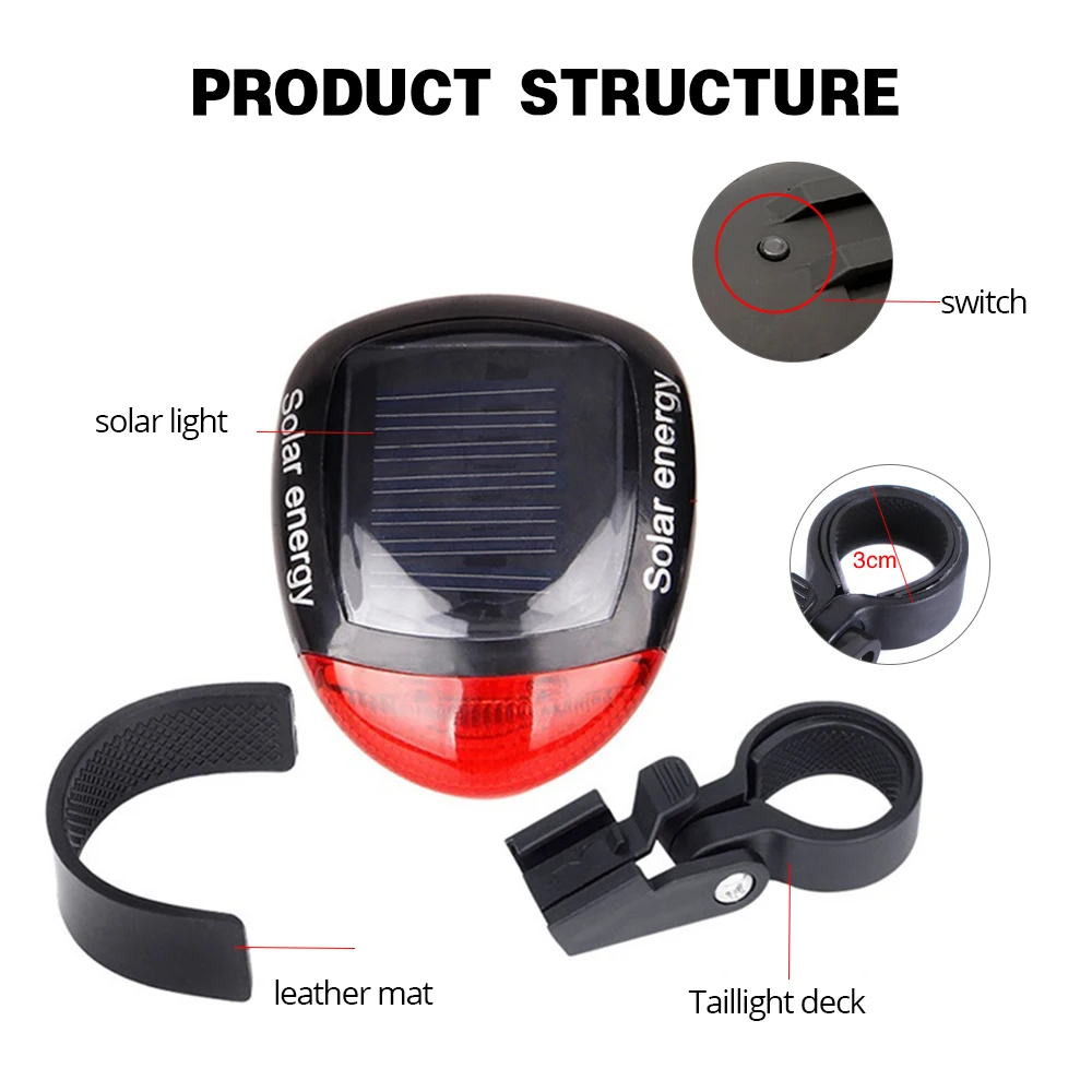 2 LED Red Bike Solar Energy Light 3 Modes Seatpost Lamp Rechargeable Bicycle Tail Rear Light Bicycle Accessories FlashLight