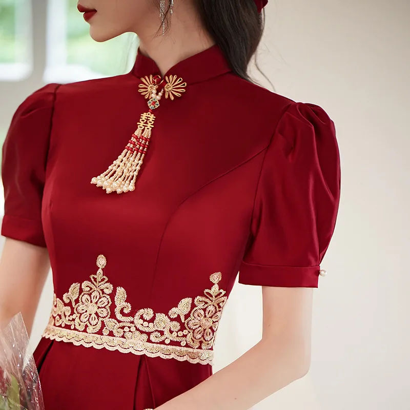 Burgundy Bride Bridesmaid Cheongsam Appliques Qipao Beaded Retro Celebrity Dresses Bandage Formal Party Vestidos