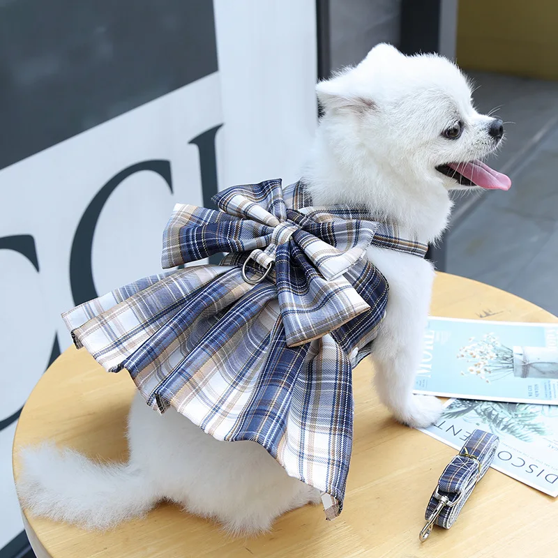 Gitter Hund Kleid Harness Und Leine Set Schöne Pet Hund Kleidung Für Kleine Hunde Chihuahua Rock Französisch Bulldog Welpen Kleid kragen – Detail 33