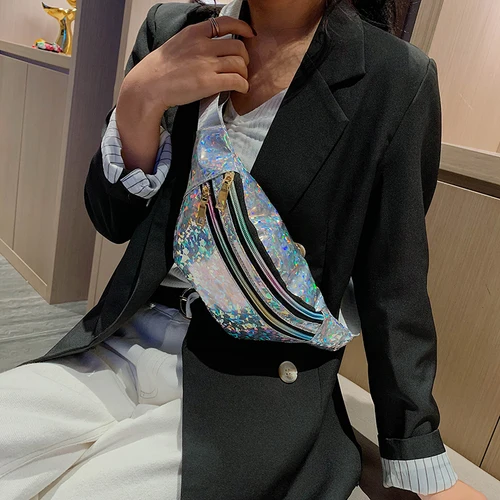 Imagen 2 del producto Riñonera holográfica plateada para mujer, bolsa de cinturón, paquetes de cintura geométricos negros, bolsa de pecho láser para teléfono