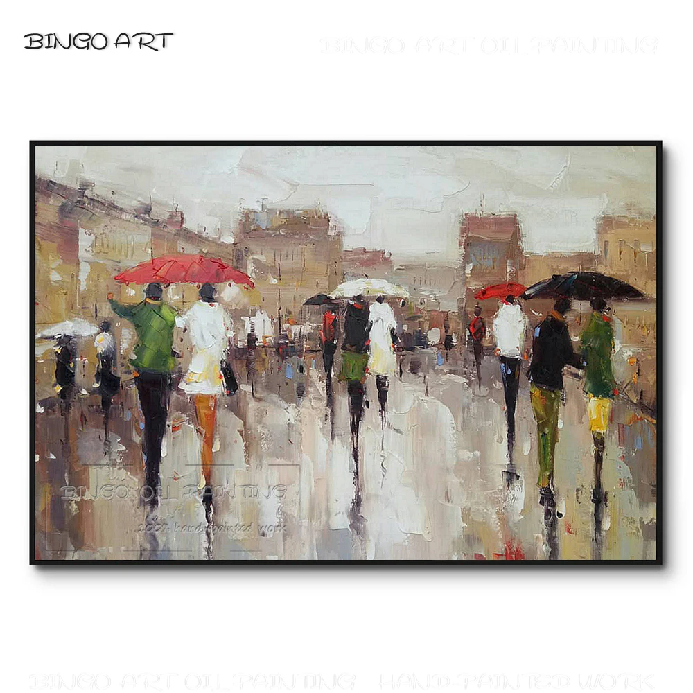 Cheap Price Hand-painted Abstract Street Walking People Oil Painting Pure Hand-painted Abstract Figure and Umbrella Oil Painting