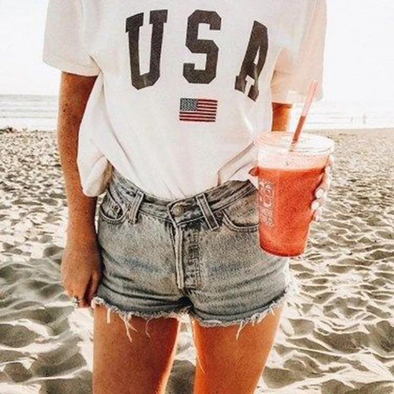 Harajuku yaz kadın t-shirt rahat abd bayrağı baskılı üstleri Tee kadın T Shirt kısa kollu T Shirt Streetwear t-shirt