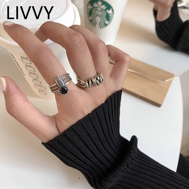 LIVVY Silver Color Multi-Layer  Line Leaf Rings Creative Twisted Knotted Thai Silver Adjustable Jewelry for Women