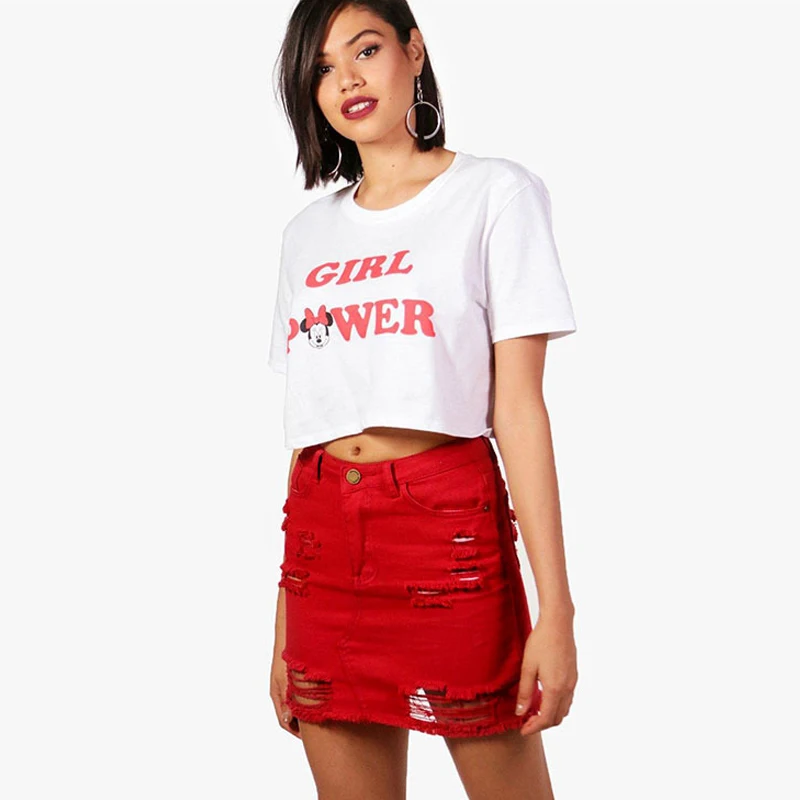 

Mini Skirt Denim Tassel Women Irregular Ripped Jeans Distressed Frayed Edge Short Skirts Destroyed Beggar High Waist Street Red