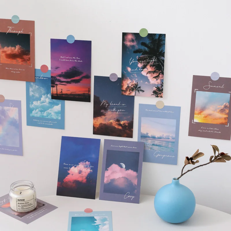 15Pcs Day Night Cloud Card Sunrise Sunset Art Postcard Simple Scenery DIY Wall Sticker Photography Props Background Stationery