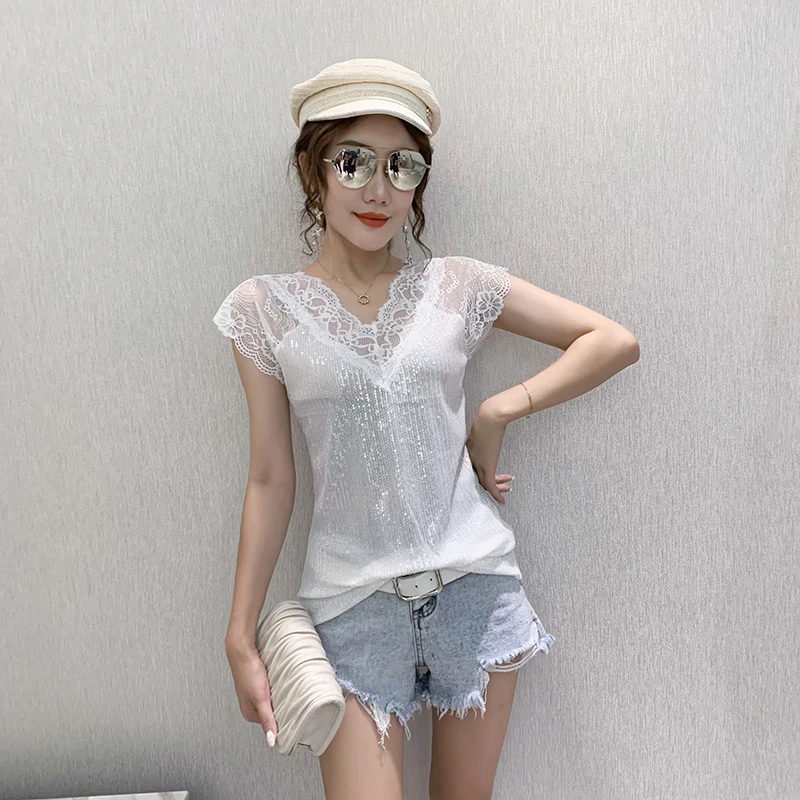 2023 Verão Sexy Lace Mulheres Blusa New V Neck Glitter Lantejoula Patchwork Gaze Tops Elegante Manga Curta Slim Preto T-shirt 14652