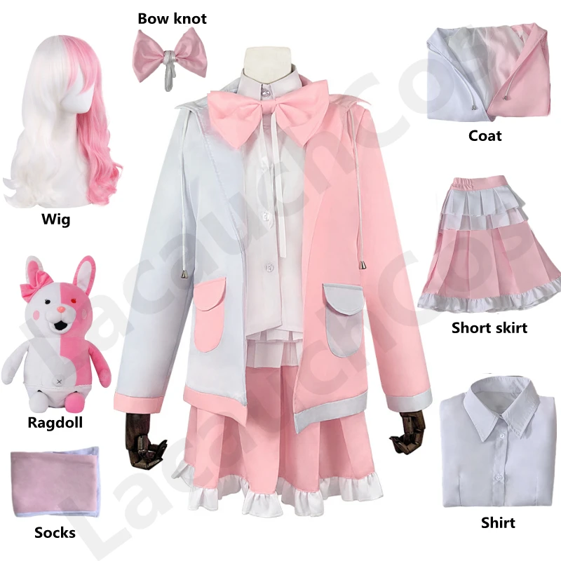 

New Dangan Ronpa Monomi Cosplay Costume Pink Long Wig Bear Toy Danganronpa Monokuma JKUniform Hooded Jacket Girl Skirt Set Shirt