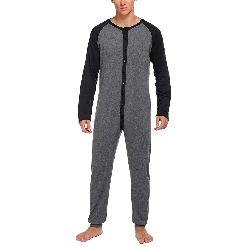 2021 bielizna nocna z długim rękawem Colorblock Patchwork jednoczęściowa piżama Casual Homewear koszula nocna mężczyźni zapinany na guziki kombinezon bielizna nocna