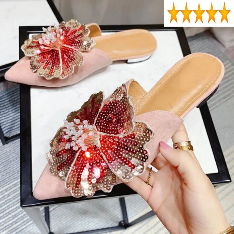 

Brand New Spring Summer Luxury Women's Top Quality Women Flat Shoes Genuine Sheepskin Suede Leather slippers Sequined