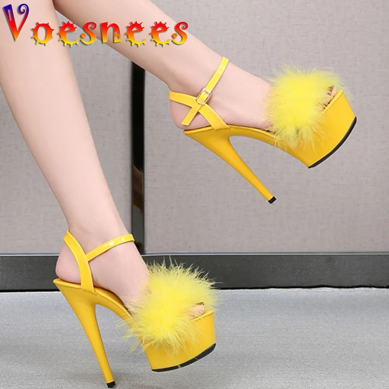 Fashion Up Fur Ultra High Women Sandal New Design Platform Night Club Dance Shoes Summer Pure Colour Buckle Strap High Heels