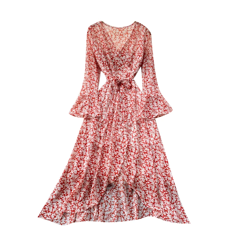 

New Spring Autumn Women Sexy V-Neck Speaker Long Sleeve Bandage Slim Long Dress Sweet Chiffon Floral Vacation Dress