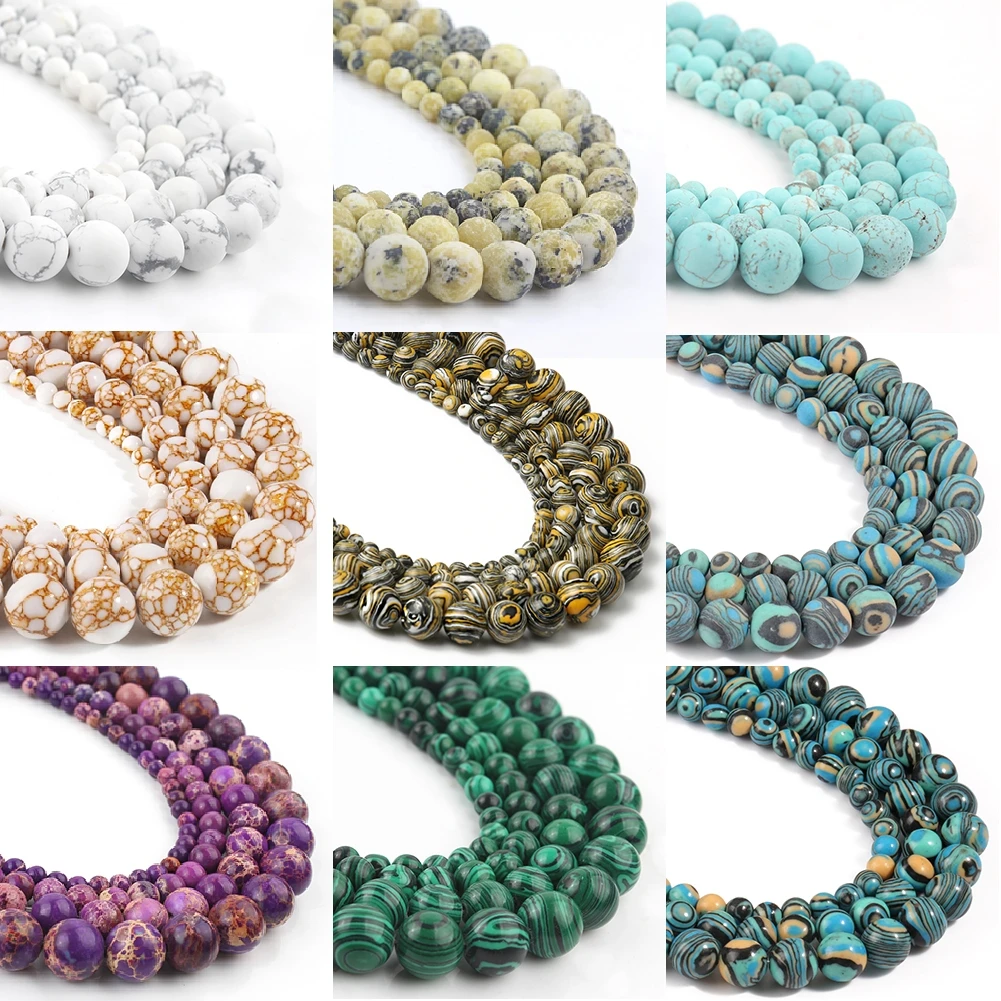 Perles Rondes en Pierre Naturelle, Turquoises, Sédiments de Mer, Jaspe, Agates, Malachite, pour Bijoux de 4, 6, 8, 10, 12mm, 15 en Vrac, DIY