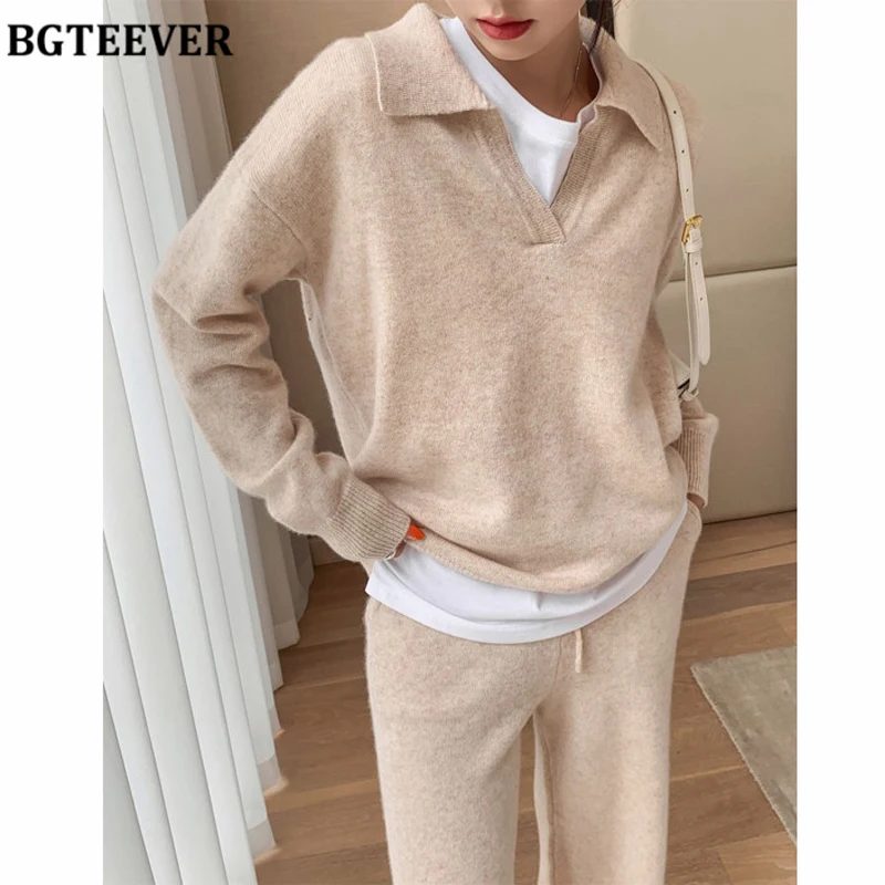 BGTEEVER Autumn Winter Ladies 2 Pieces Knitted Set V-neck Full Sleeve Pullovers & Straight Pants 2021 Loose Women Sweaters Set