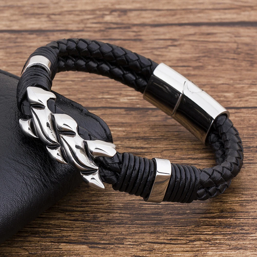 

TYO Charm Fashion New Braided Magnetic Rock Punk Black Rope Genuine Leather Bracelet Men Accessories Jewelry Couple Friendship