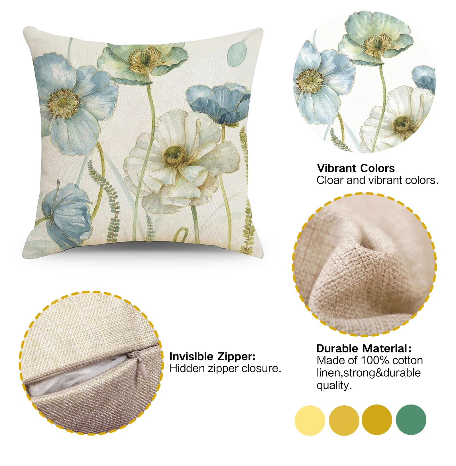 Vintage Watercolor Painting Blue Floral Cushion Cover Linen Birds Roses Unikko Pillows Case Sofa Chairs Throw Pillows Home Decor