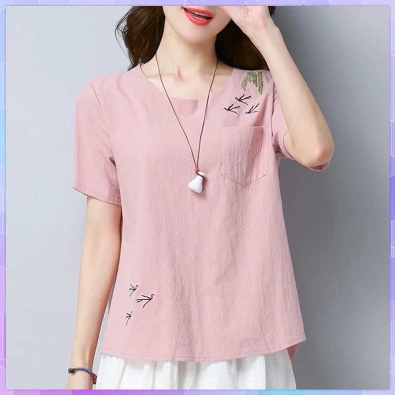 4XL Chinese Vintage Floral Embroidery T Shirt Cotton And Linen Tshirt Women's 2021 Summer Loose Top Femme Plus Size Blusas