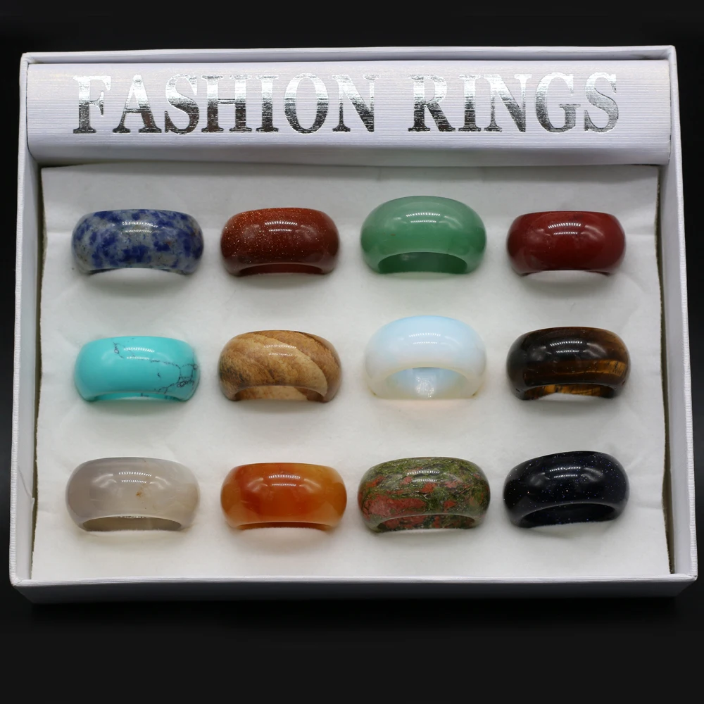 12PCS Natural Semi-precious Stone Mix-color Rings for Making Jewelry Gift for Women Inner Diameter 18mm 20mm