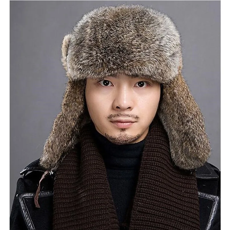 Real rabbit fur hat with earflap winter ushanka russia Men Women unisex Winter Hats Bomber Hat Cossack Trapper Snow-Ski-Cap H115