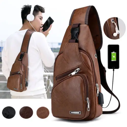 New Fashion Men's Leather Sling Pack Chest Shoulder Crossbody Bag Biker Satchel Men Briefcases Hot Sales