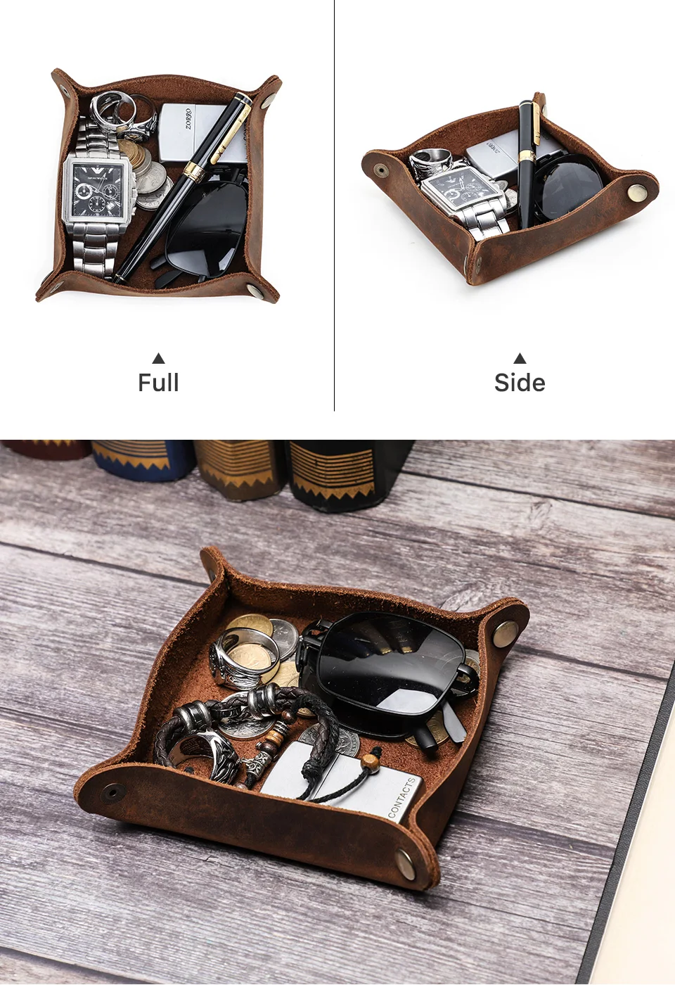 Creative Genuine Leather Valet Snap Tray Home Ofiice Desk Organizer Jewelry Pen Key Coin Desktop Storage Tray Folding Storage