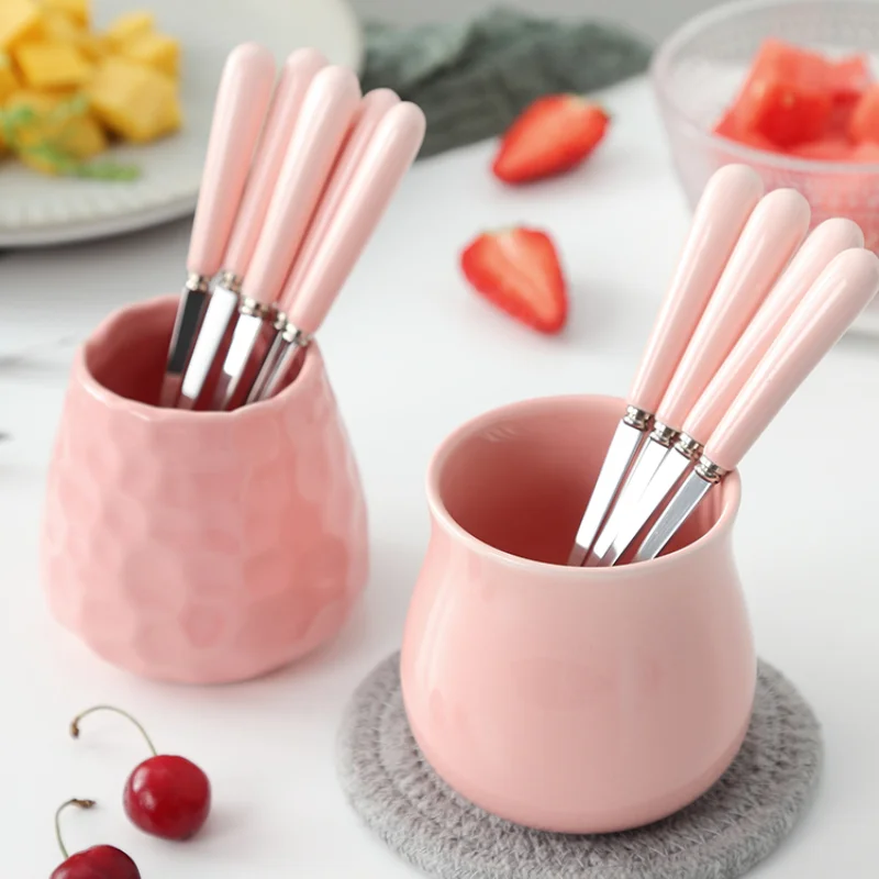 Ceramic Fruit Fork Storage Cup Set Creative Dessert Fork 304 Stainless Steel Coffee Spoon Home Kitchen European-style Fruit Sign