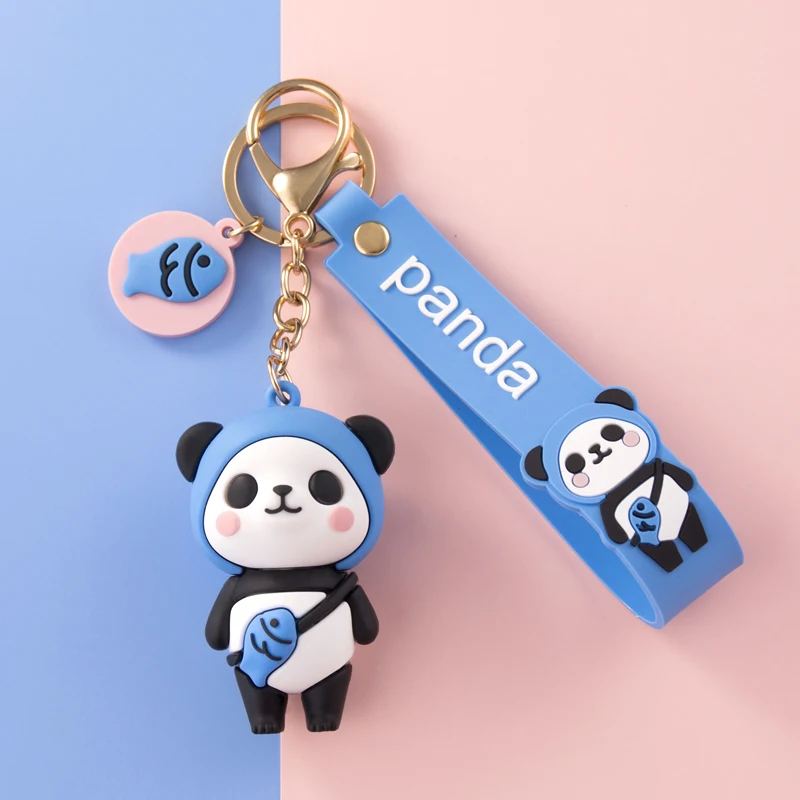 LLavero de oso Panda de fruta de dibujos animados para mujer, accesorio de PVC suave para el coche, con cordón de juguete, de color azul, amarillo,