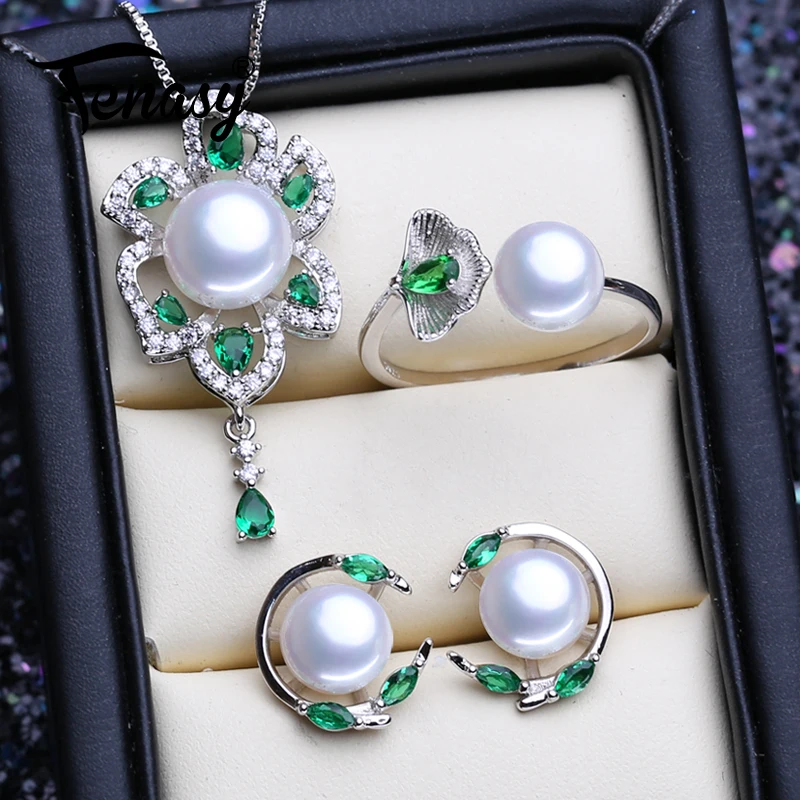 

Набор ювелирных изделий FENASY из серебра 925 пробы с изумрудом серьги-гвоздики с натуральным жемчугом роскошное большое ожерелье женское кольцо с Зелеными камнями