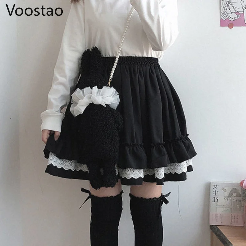 Japanese Sweet Chic Lolita Style Mini Cake Skirts Vintage Cute Women Lace Ruffles JK Skirt Girly Kawaii High Waist Tiered Skirt