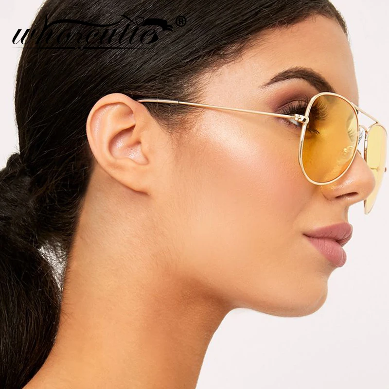 WHO CUTIE 2025 Night Vision Goggles Aviation Sunglasses Women Brand Design Gold Metal Frame Female Sun Glasses Yellow Lens OM874