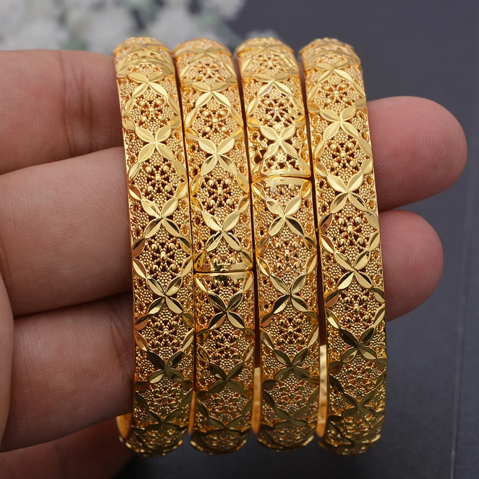 

4pcs/Set 24K Dubai Gold Color African Bridal Wedding Bangles For Women Saudi Arab Exquisite pattern Bracelet&Bangles Jewelry