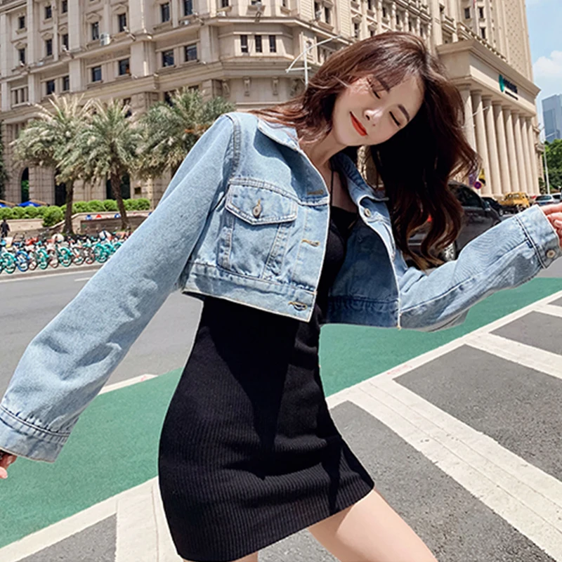 Korean Style Loose Casual Women Denim Jackets Female Slim Cropped Coat 2023 New Spring Fashion Turn Down Collar Ladies Coat