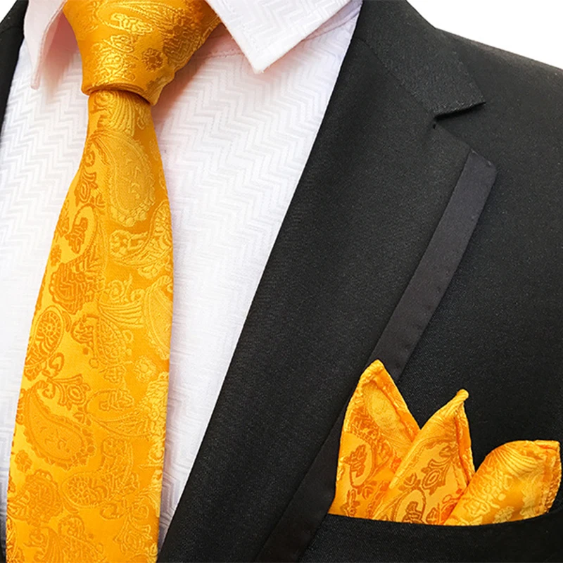 GUSLESON   Fashion 8cm Silk Print Necktie Pocket Square Set Black Yellow For Men`s  Business Wedding Party Gift Formal occasion