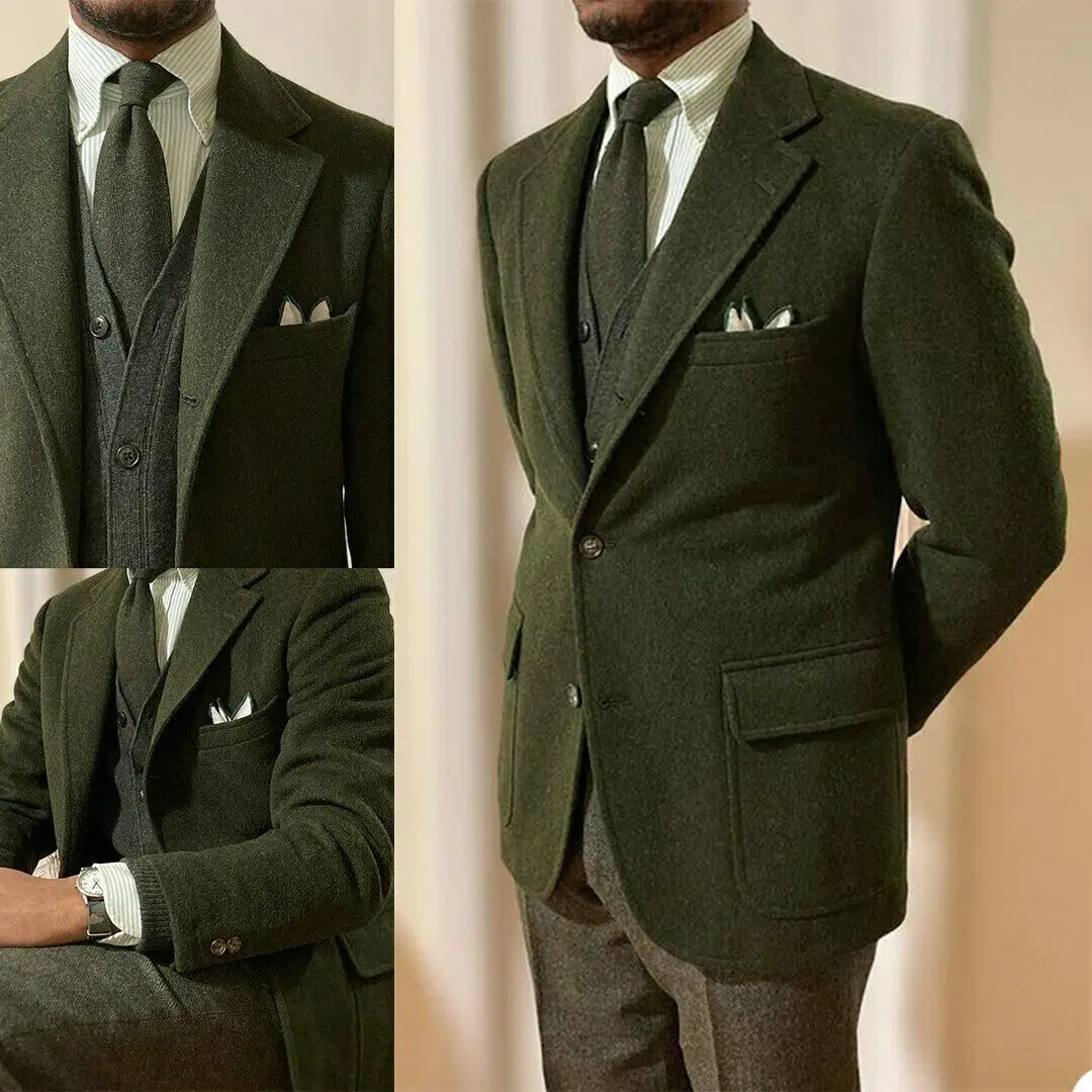 

Costume Homme Vintage Men Tailor-Made 3 Pieces Tuxedos Woolen Peaked Laple New Blazer Wedding Party Groomsmen 3Pcs Customized