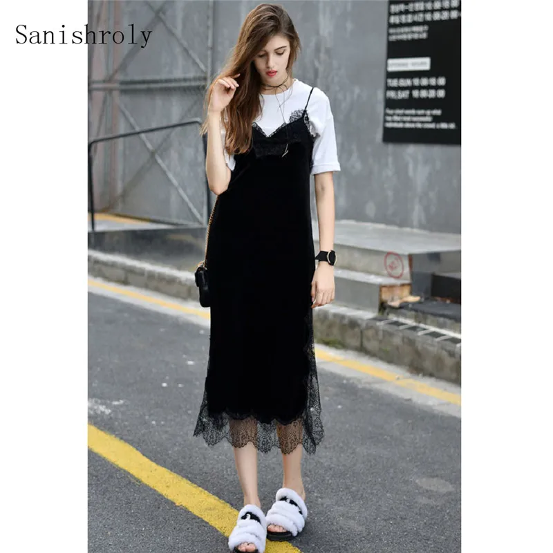 Sexy V-Neck Split Velvet Dress Women Long Spaghetti Strap Dress Eyelash Lace Dresses Female Autumn Winter Bottoming Vestidos