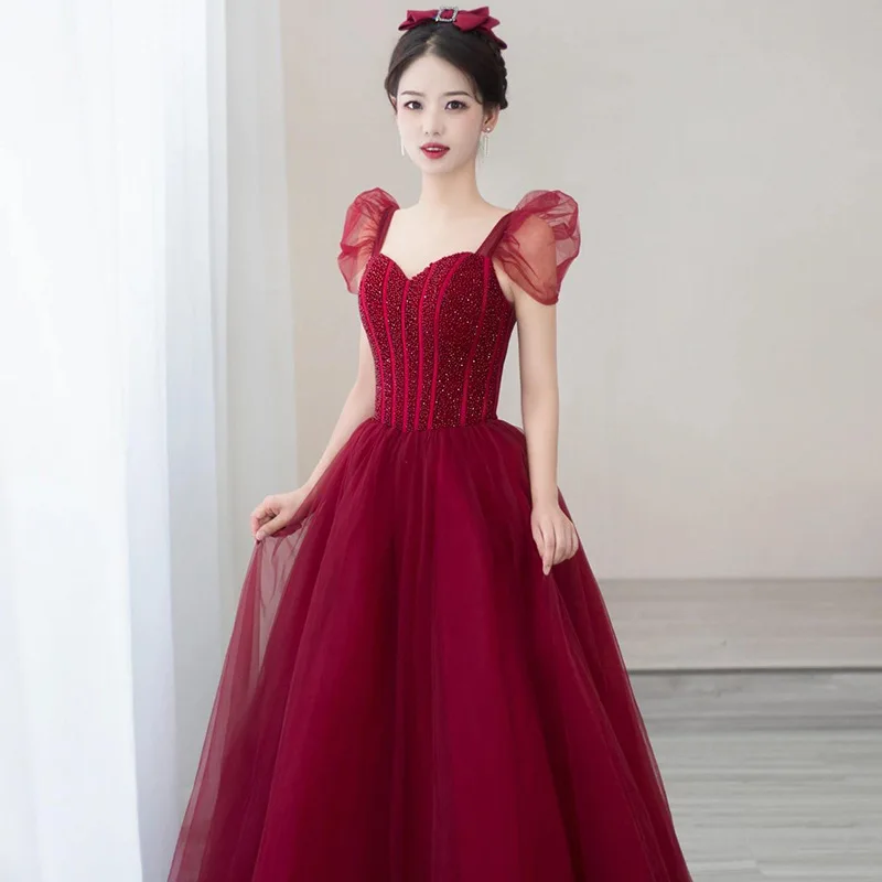 

Princess Fairy Burgundy Beading Ball Gown Prom Dresses Formal Long Tulle Evening Party Gowns Toast Clothing robe de soiree