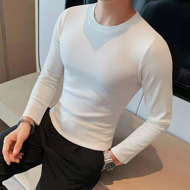 Men's Shirt Fashion Waffle Fabric Solid Long Sleeve T Shirts For Men Clothing Simple Slim Fit Casual Tee Shirt Homme Big Size