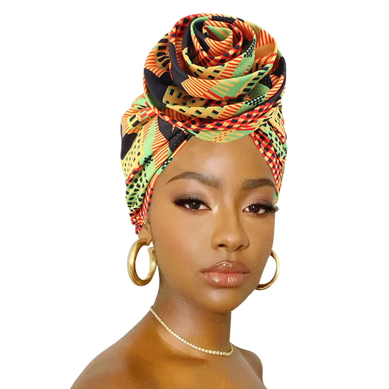 African Print Stretch Bandana Head Wrap Long Scarf satin Floral Ankara Dashiki Women Party Turban Headwear Cap Hair Accessories