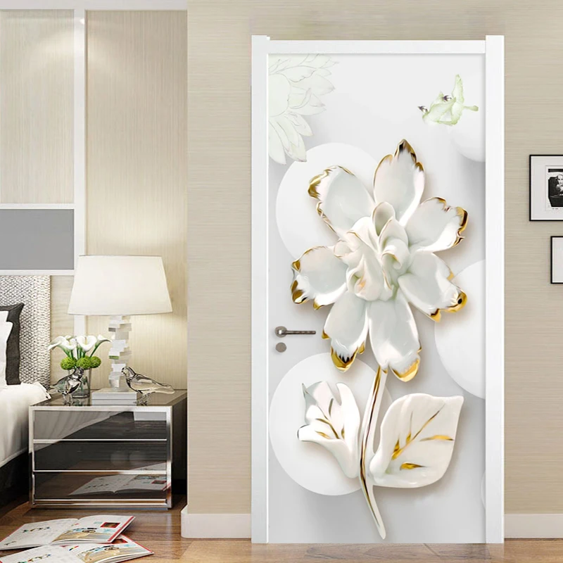 Moderner Türaufkleber, 3D-Marmor, Relief, Blumen, Tapete, Wohnzimmer, Schlafzimmer, Heimdekoration, PVC, selbstklebend, wasserdicht, 3D-Türaufkleber