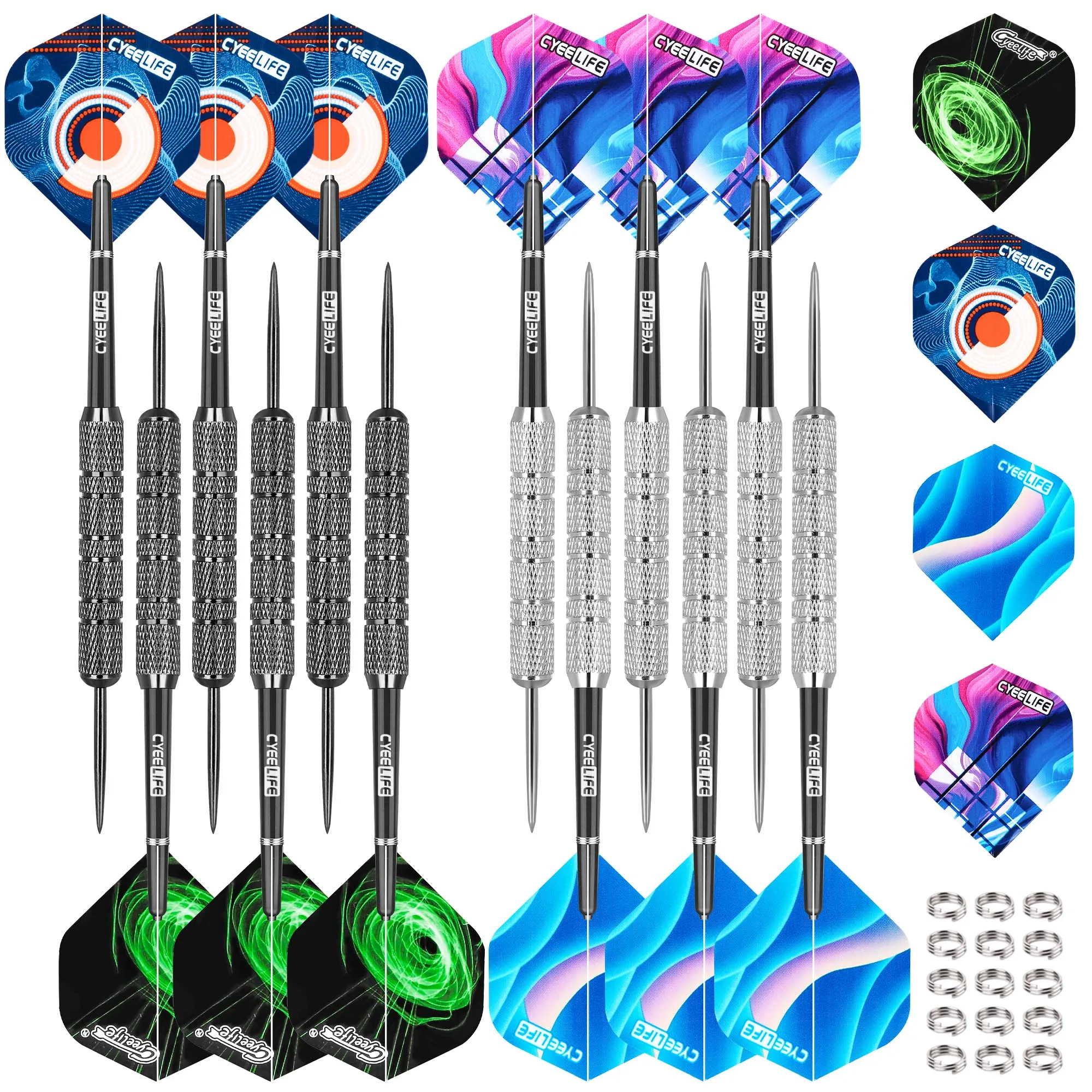 CyeeLife 18g Steel tip darts Professional 12 Packs With PVC Shafts Black and 12 Flights+Metal Spring O Rings