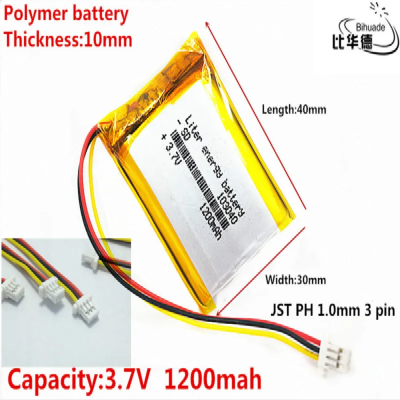 JST PH 1.0mm 3 pin litowa bateria energetyczna 3.7 V, 1200mAH 103040, polimerowa bateria litowo-jonowa/akumulator litowo-jonowy do tablet pc BANK,